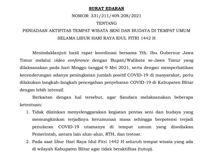 Pemkab Blitar Terbitkan Surat Edaran Penutupan Obyek Wisata