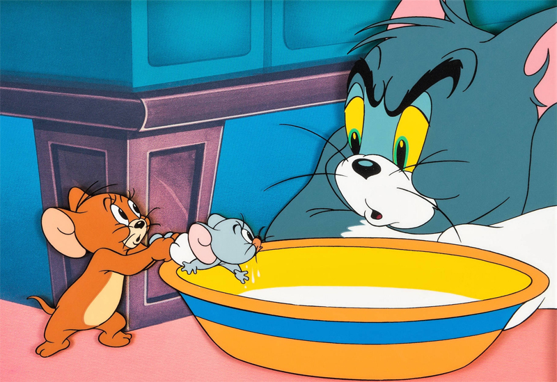 Dalam kartun Tom and Jerry, beberapa adegan menampilkan dua karakter yang saling memperebutkan susu